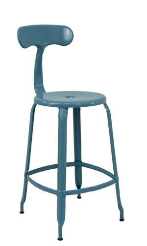 Chaise Nicolle tout en métal, finition bleu pastel brillant RAL 5024, chaise industrielle haute de 60 cm, design élégant et robuste, idéale pour cuisine, bar ou espace professionnel, fabriquée en France