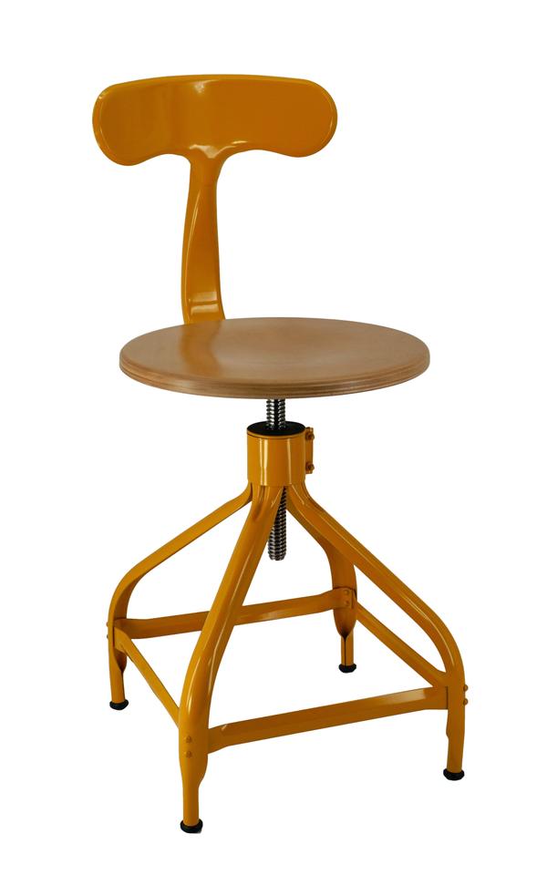 Yellow industrial look chair with wooden seat