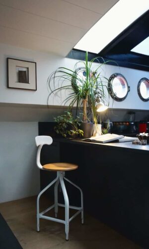 Coin cuisine décoré avec une plante verte et chaise à vis réglable en hauteur blanche avec assise en bois